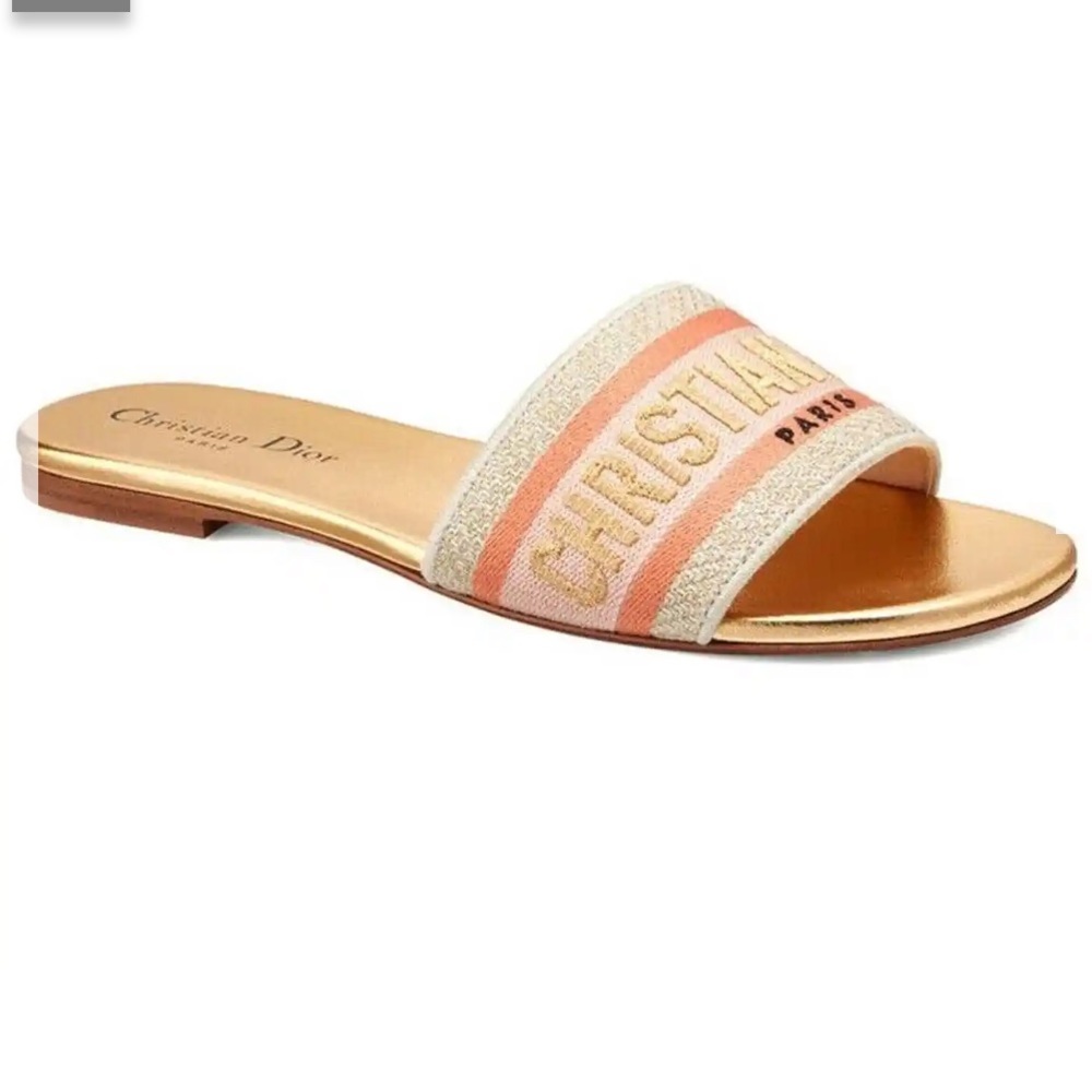 Christian Dior Dway Platinum Gold Embroidered Slide Sandal